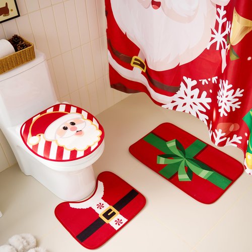 JOYIN 4 Pcs Christmas Bathroom Set with Shower Curtain, Bath Mat, Toilet Lid Cover, U Shape Rug & Hooks, Xmas Bathroom Decor Santa Claus Theme for Holiday Use Party Favors Indoor