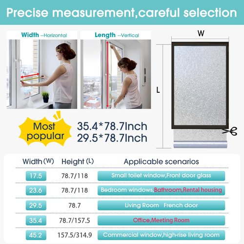 Coavas Window Privacy Film Frosted Glass Static Clings, Decorative Bathroom Door Privacy Film Day and Night, Heat UV Blocking Anti-Glare Frosting Stickers Renter Non-Adhesive, 17.5 x 78.7 Inch, Clear