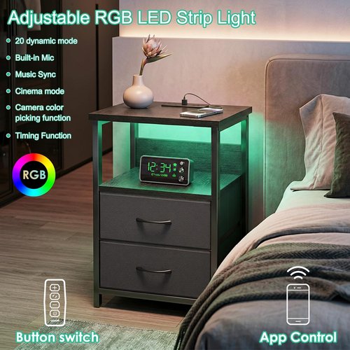 Fixwal Night Stand - LED Nightstand with Charging Station & USB Ports, Modern Black with 2 Fabric Drawers