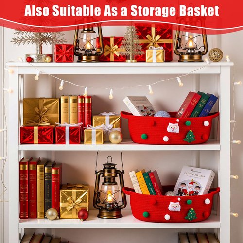 FoldTier 1 Pack Christmas Gift Basket Empty 15 x 9.9 x 5.1 Inch Santa Red Christmas Storage Bin with Handles, Woven Cotton Rope Basket for Gifts Holiday Treats Party Supplies, Home Xmas Decorations
