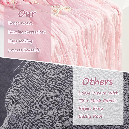 4 Pack Light Pink Cheesecloth Table Runner 10 FT Boho Gauze Cheese Cloth Table Runner 120 Inch Long Semi Sheer Rustic Cheese Cloth Fabric Table Runners for Wedding Birthday Party Decorations