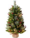 Amaoasis 3ft Pre-Lit Artificial Christmas Tree with 70 LED Lights Mini Xmas Trees, Cement Burlap Base Basin, for Home Tabletop, Green