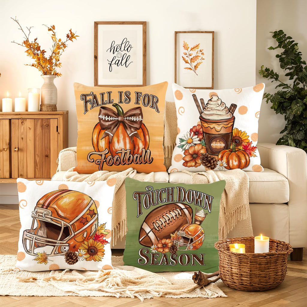 SEGXCFL Fall Pillow Covers 18x18 Set of 4,Football Velvet Throw Pillows Farmhouse Autumn Pillowcases Decorative Home Decor for Couch Sofa, Porch Bed Living Room Fall Home Decorations