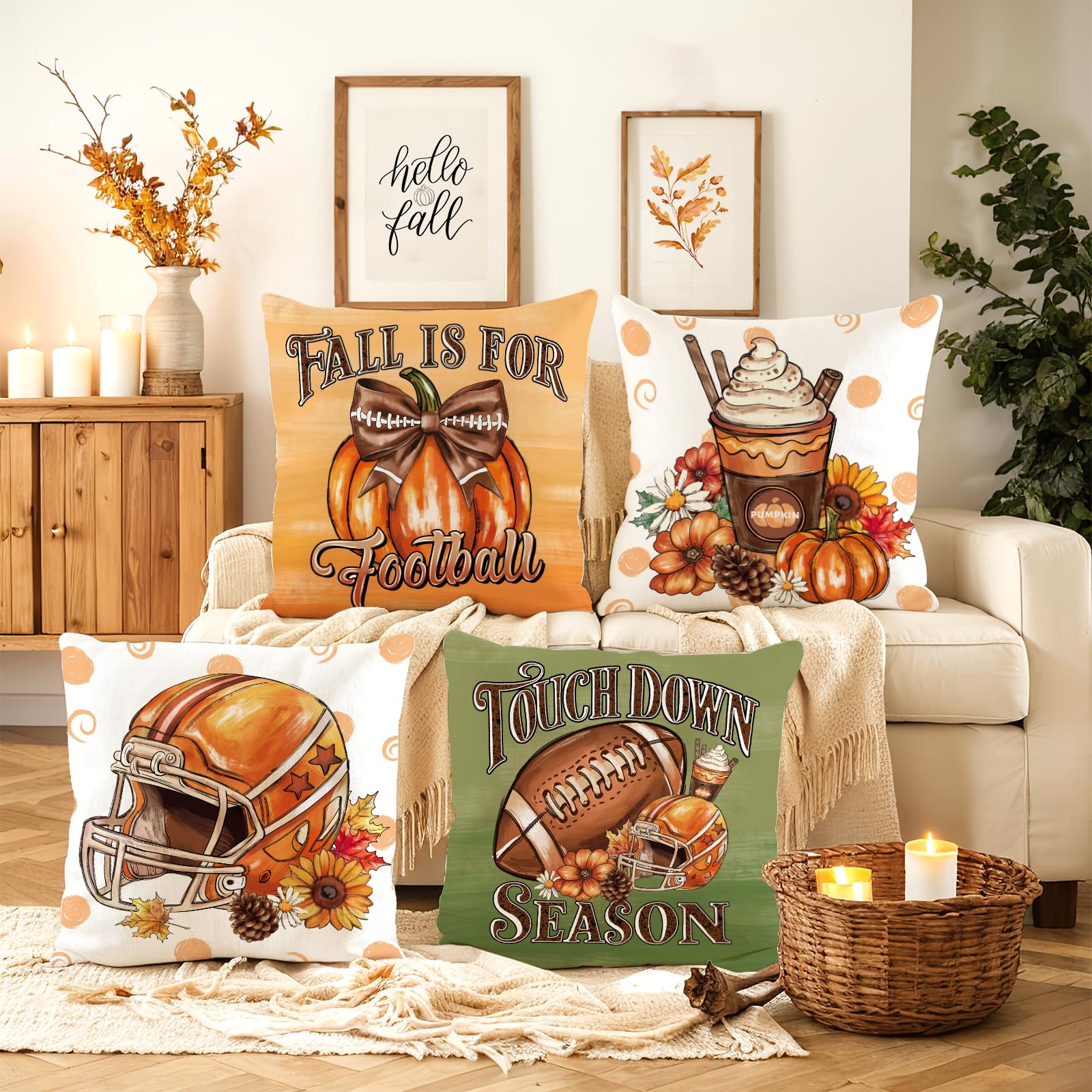 SEGXCFL Fall Pillow Covers 18x18 Set of 4,Football Velvet Throw Pillows Farmhouse Autumn Pillowcases Decorative Home Decor for Couch Sofa, Porch Bed Living Room Fall Home Decorations