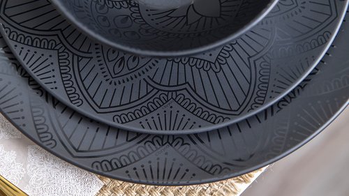 bzyoo 12 Piece Black Melamine Dinnerware Set - Durable, Dishwasher Safe Black Plates and Bowls - Ideals for Parties, Camping Dish Set La La Mandala