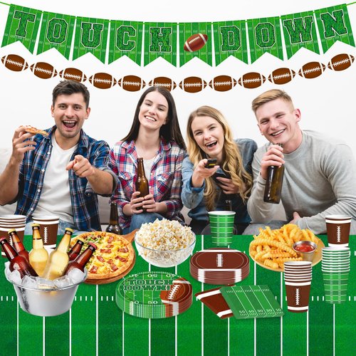 Football Party Decorations Football Party Supplies Dinner Plates Napkins Cups Banner Touchdown Tablecloth for Football Birthday Game Day Tailgate Decorations Serve 24