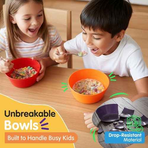 TRENDO 12 Pack Kids Bowls – 10 oz Durable Colorful Toddler Bowl, Non-Toxic Children’s Dinnerware, Dishwasher Safe Small Plastic Bowls for Kids, Cereal and Snack Bowls for Toddlers
