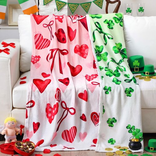 Breling Valentine's Day St. Patrick's Throw Flannel Blanket Double-Sided Printing Green Four-Leaf Clover Red Heart Throw Blanket with Holiday Themed Print for Gift Couch Sofa Bed Home Decor 60"x50"
