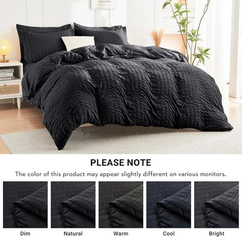 HYMOKEGE Black Comforter Set - Luxurious 7-Piece All-Season Bedding in Seersucker Design