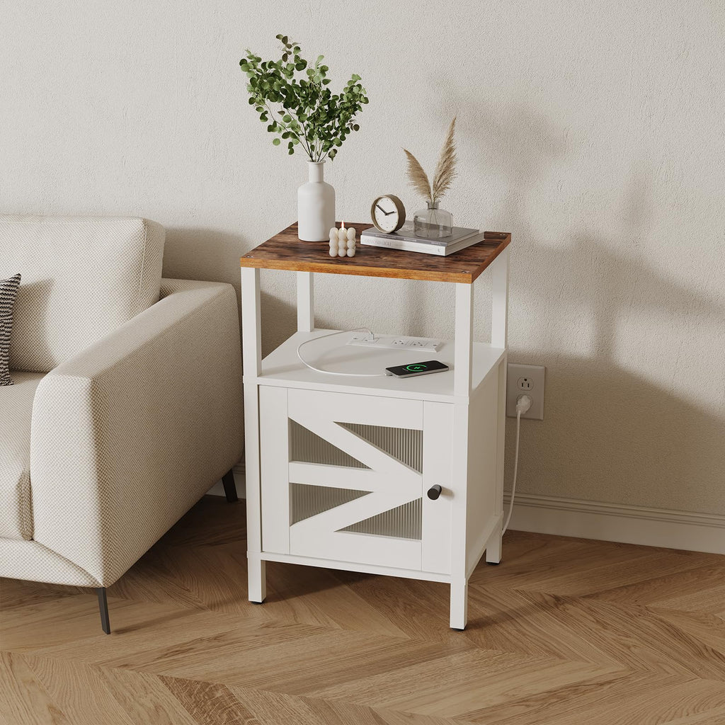 MAHANCRIS Farmhouse Nightstand with Charging Station, Rustic Bedside Table with USB Ports and Outlets, End Table Living Room with Storage, Side Table for Bedroom, White and Rustic Brown ETRW97E01