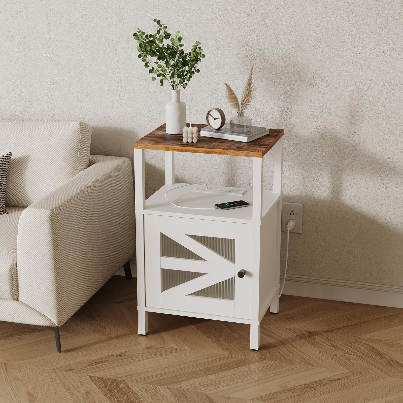 MAHANCRIS Farmhouse Nightstand with Charging Station, Rustic Bedside Table with USB Ports and Outlets, End Table Living Room with Storage, Side Table for Bedroom, White and Rustic Brown ETRW97E01