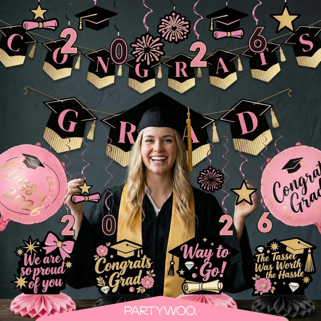PartyWoo Graduation Decorations - Class of 2026 Black, Gold & Pink 19-Piece Set with Congrats Banner & Balloons