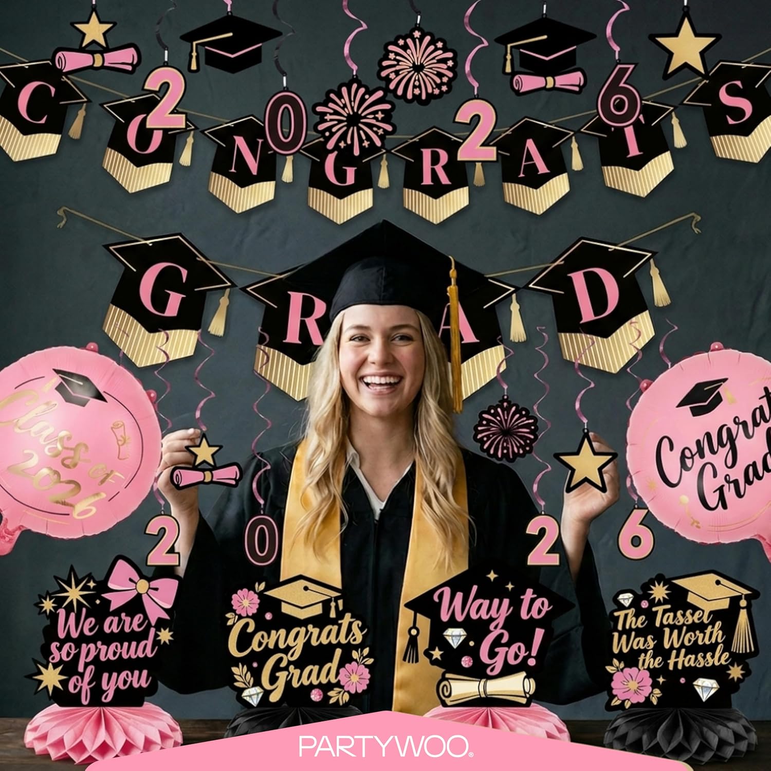 PartyWoo Graduation Decorations - Class of 2026 Black, Gold & Pink 19-Piece Set with Congrats Banner & Balloons