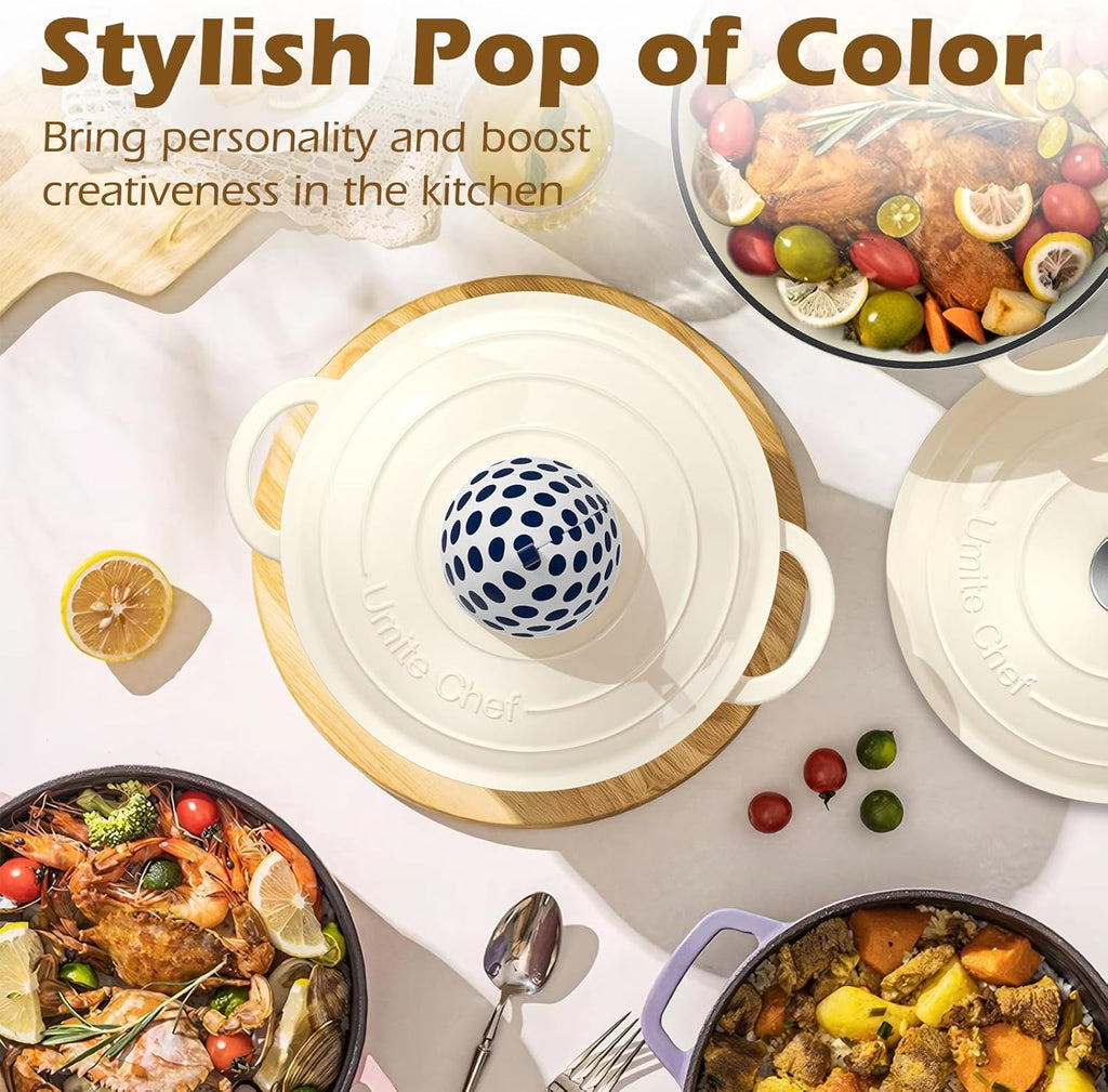 Umite Chef Enameled Cast Iron Dutch Oven - 5QT Heavy-Duty Pot with Lid & Potholders | Cream White for Baking & Roasting