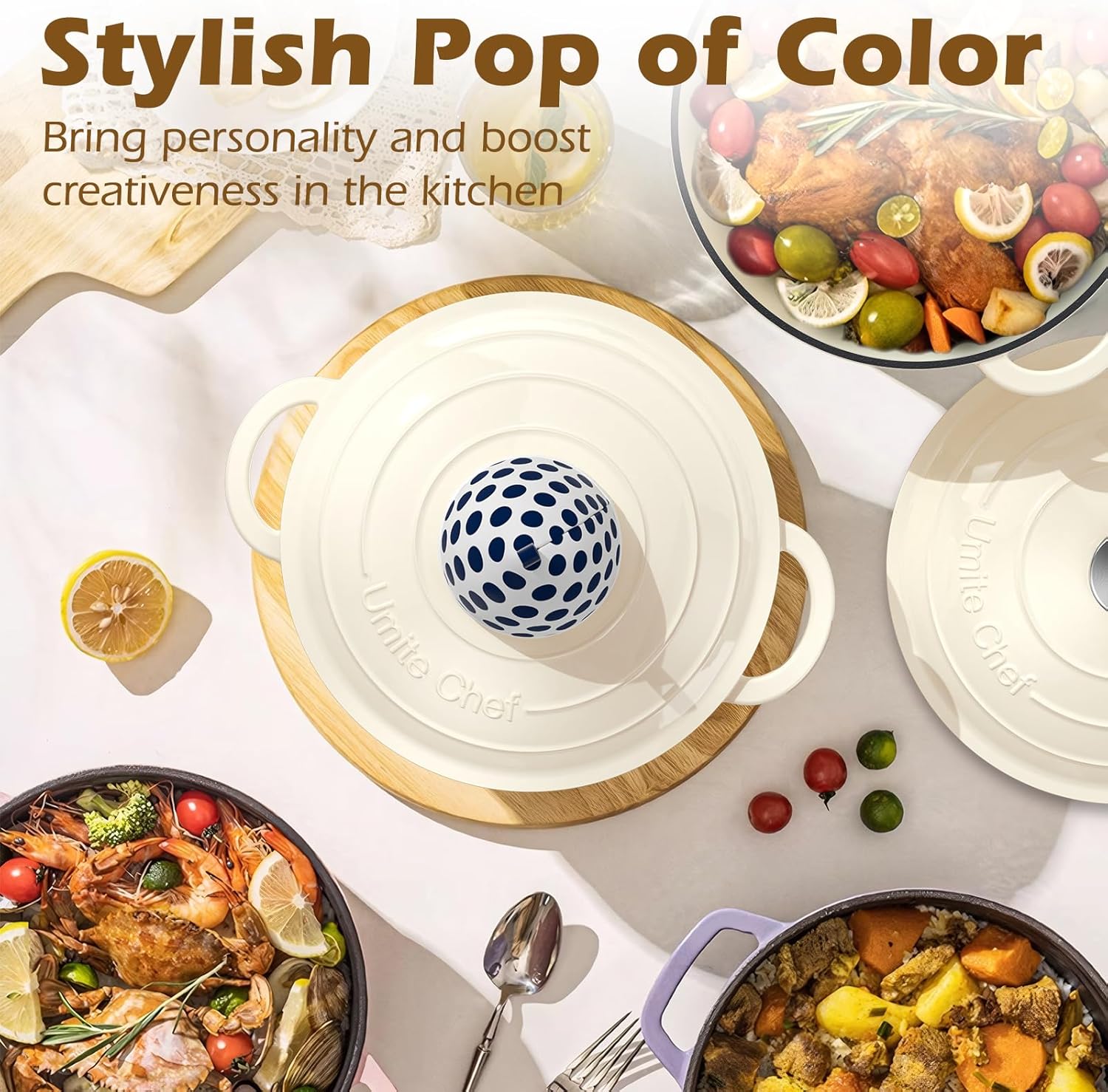 Umite Chef Enameled Cast Iron Dutch Oven - 5QT Heavy-Duty Pot with Lid & Potholders | Cream White for Baking & Roasting