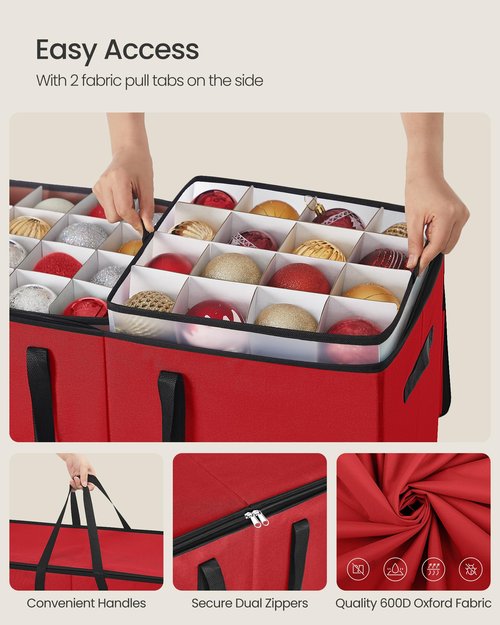 SONGMICS Christmas Ornament Storage Box, Dual Zippers, Stackable Christmas Storage Container with Lid, 8 Trays, 600D Oxford, 3-Inch 128 Slots, Cherry Red URFB035R01
