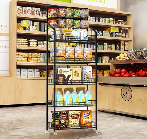 lesolar Retail Snack Display Stand, 5 Tier Snack Candy Potato Chip Display Rack Stand with Wheels & Hooks, Metal Wire Storage Shelves Heavy Duty, Snack Organizer Concession Stand Display Supplies