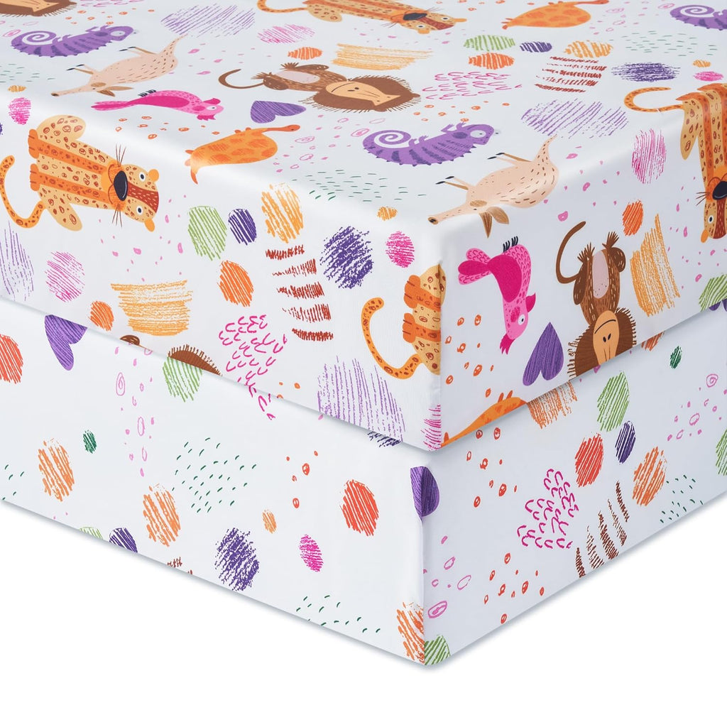 TILLYOU Baby Crib Sheets - Super Soft Toddler Bed Sheets, 2-Pack for Standard Crib Mattress 28x52in | Animal Graffiti