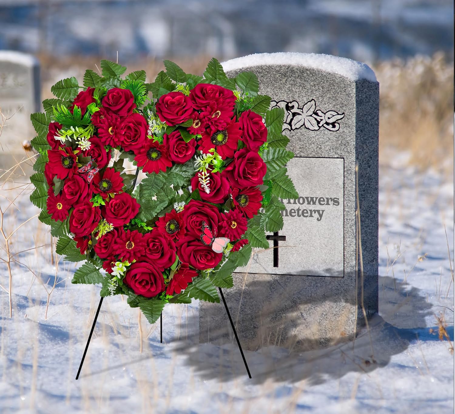 Regine Switzerland Cemetery Wreath - Heart-Shaped Remembrance Floral with 30-Inch Easel Stand | Red Rose