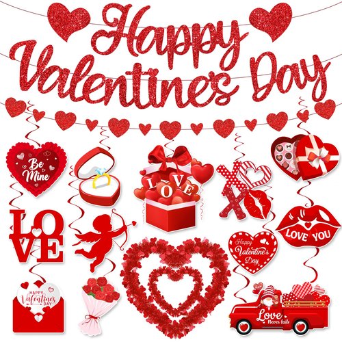 Valentines Day Decorations, Valentine Day Party Supplies includes Happy Valentine‘s Banner Red Heart Pendant Heart Chocolate Hanging Swirls, Love Decorations for Home Office Wedding Anniversary
