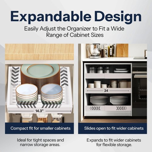 Heavy Duty Single Pull Out Cabinet Organizer for Kitchen Drawer or Shelf – Expandable in Width & Depth, Slides Out for Easy Access, Holds up to 50 lbs – 14.3"-22.4" Deep, 15.7"-24" Wide - White