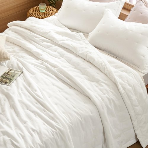 Bedsure Linen Quilt Queen Size, Cotton Linen Blend Quilt Set with Natural Wrinkles - 3-Piece All Seasons Bedding Set - White (90x96)