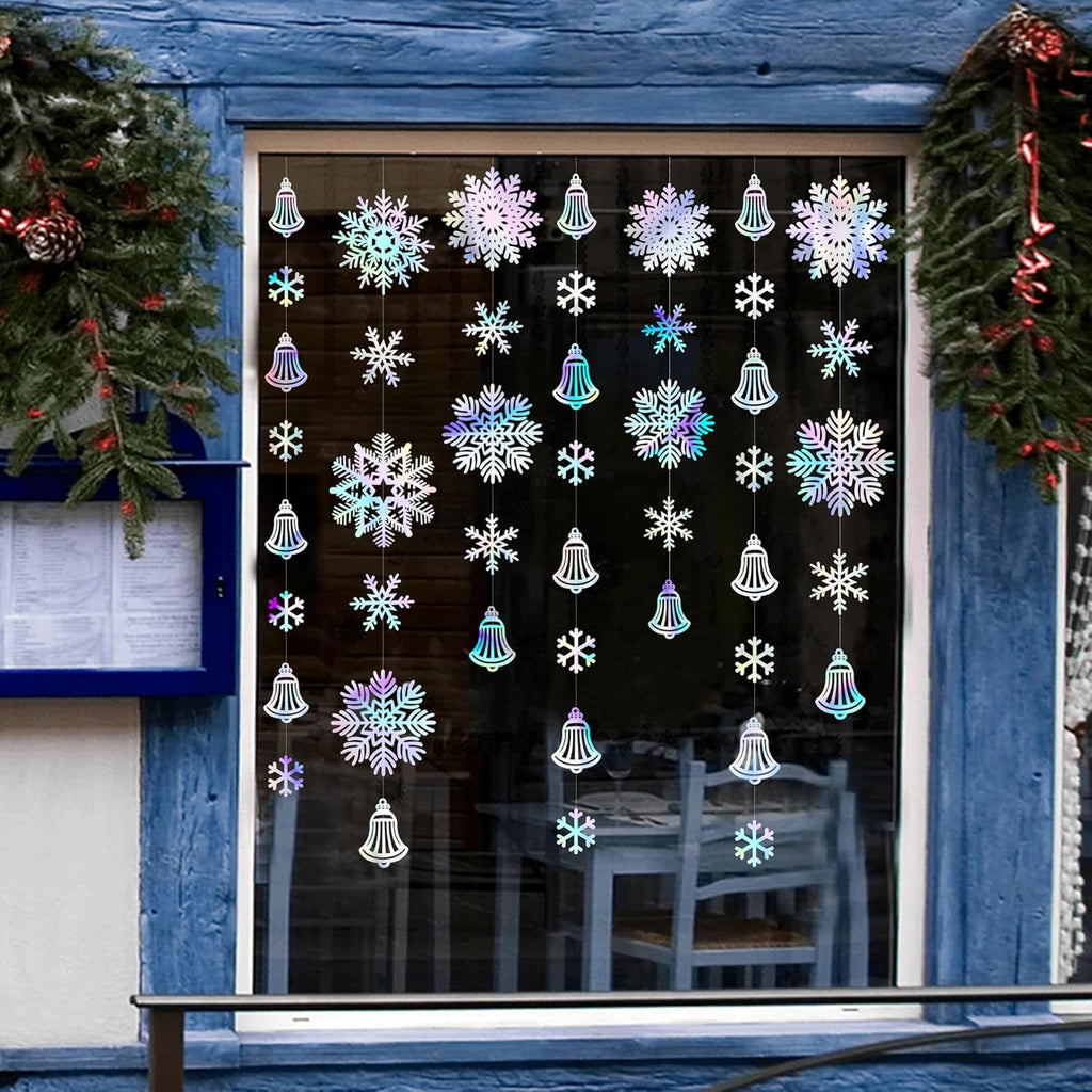 Skiennix 40 Ft Iridescent Snowflakes Party Decorations - Holographic Bell Garland for Winter Wonderland Decor