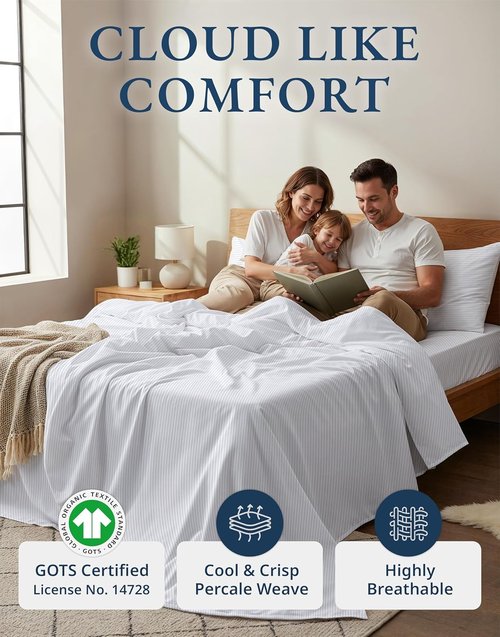 Lane Linen 100% Organic Cotton Twin Sheets - Soft & Comfy Classic Ticking Stripe Print | Fade Resistant, Naturally Cooling