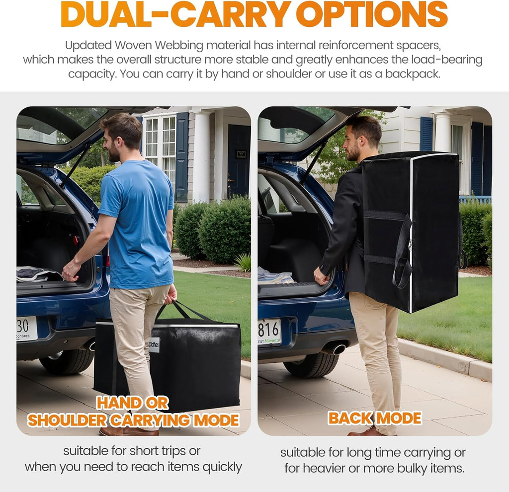 Skiennix Heavy-Duty Moving Bags - Extra Capacity Storage Totes with Backpack Straps | 6 Pack, Black