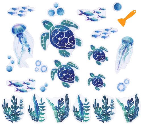 JarThenaAMCS 24 Pcs Turtle Non Slip Bathtub Sticker with Scraper Gradient Blue Anti Slip Shower Tread Adhesive Ocean Animal Shower Decal for Bathroom Floor Decoration