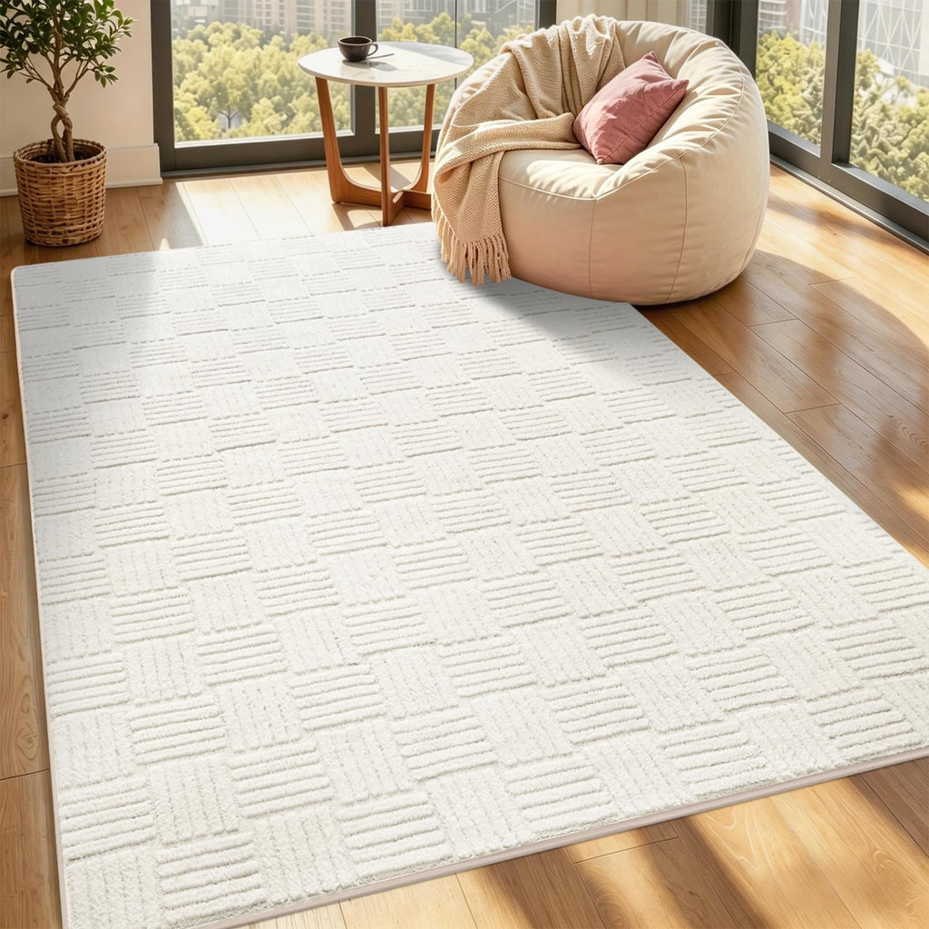 White Washable Shag Area Rug for Living Room, 6x9 Modern Geometric Non Slip Bedroom Rugs, Fluffy Soft Thick Carpet for Girls Kids Room, Dorm, Office, and Home Decor