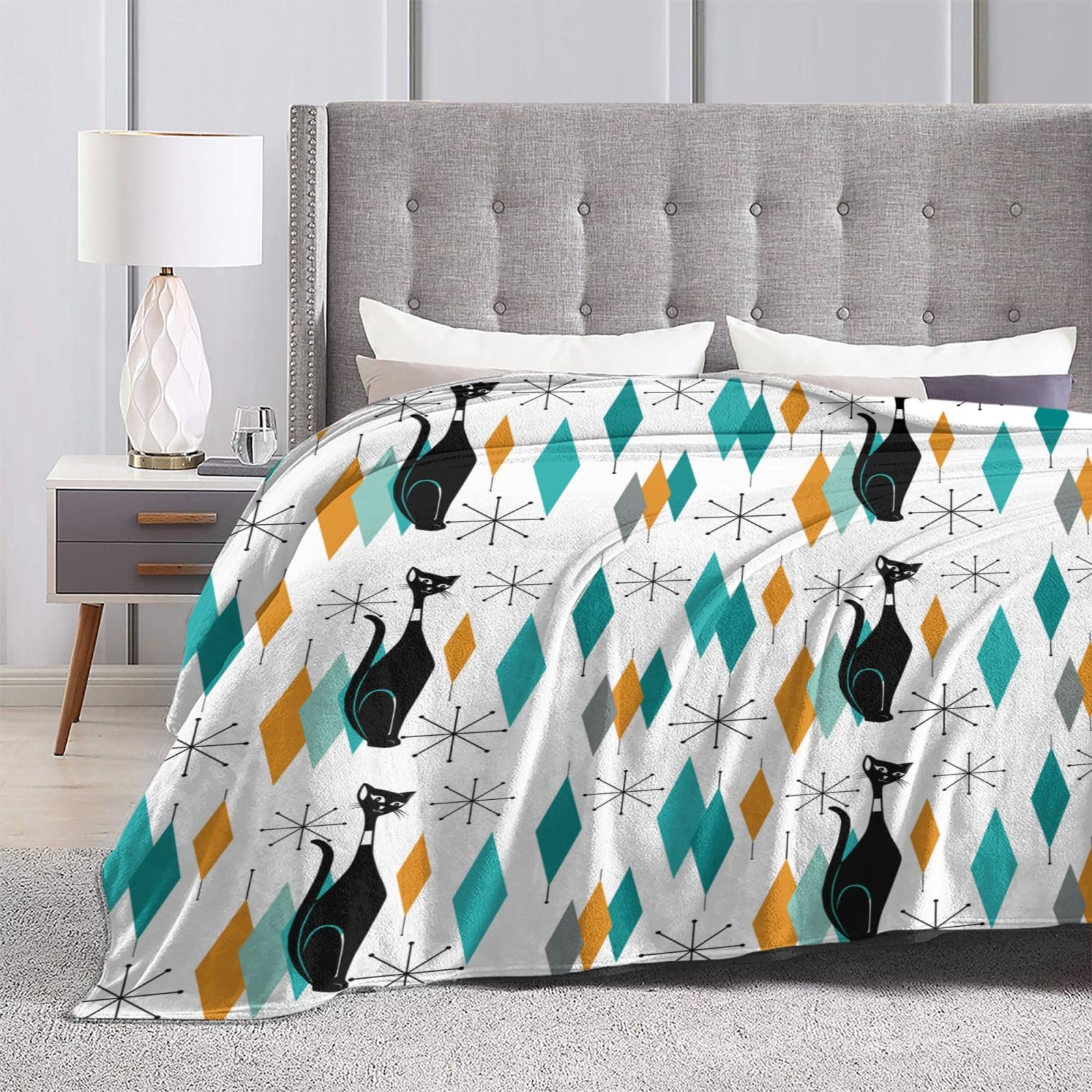 Mid Century Cat Fleece Throw Blanket Soft Flannel Plush Lightweight Warm Cozy Blanket for Men Women Couch Bed Sofa Travel 60"x80"