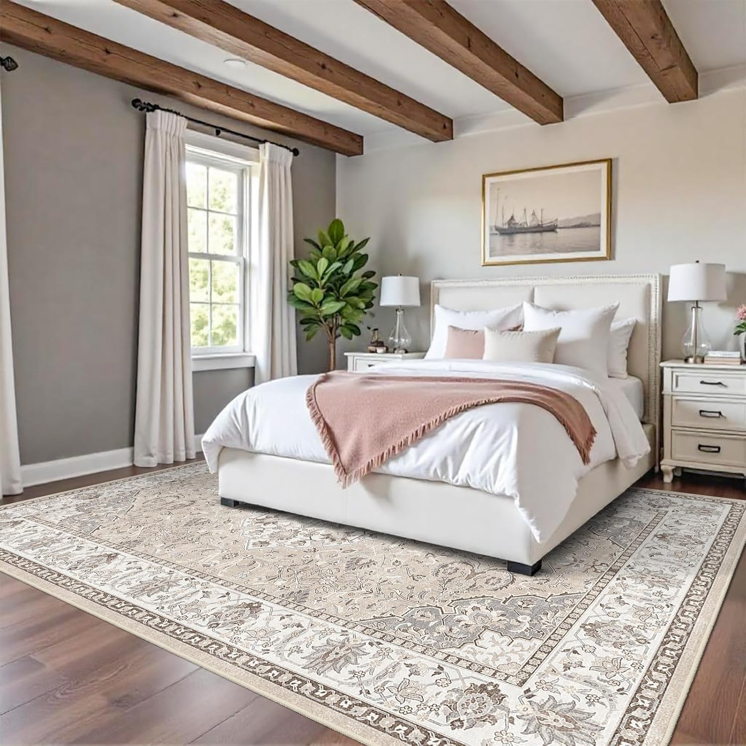Skiennix 8x10 Living Room Rug - Washable Oriental Stain Resistant Carpet | Ultra Soft Non-Slip Beige Mat for Home Decor