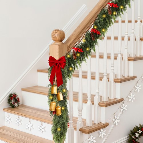 9FT Prelit Christmas Garland, Realistic Green Pine Garland with Lights Battery Operated for Mantle Stairs Railing Fireplace Table Indoor Xmas Decor
