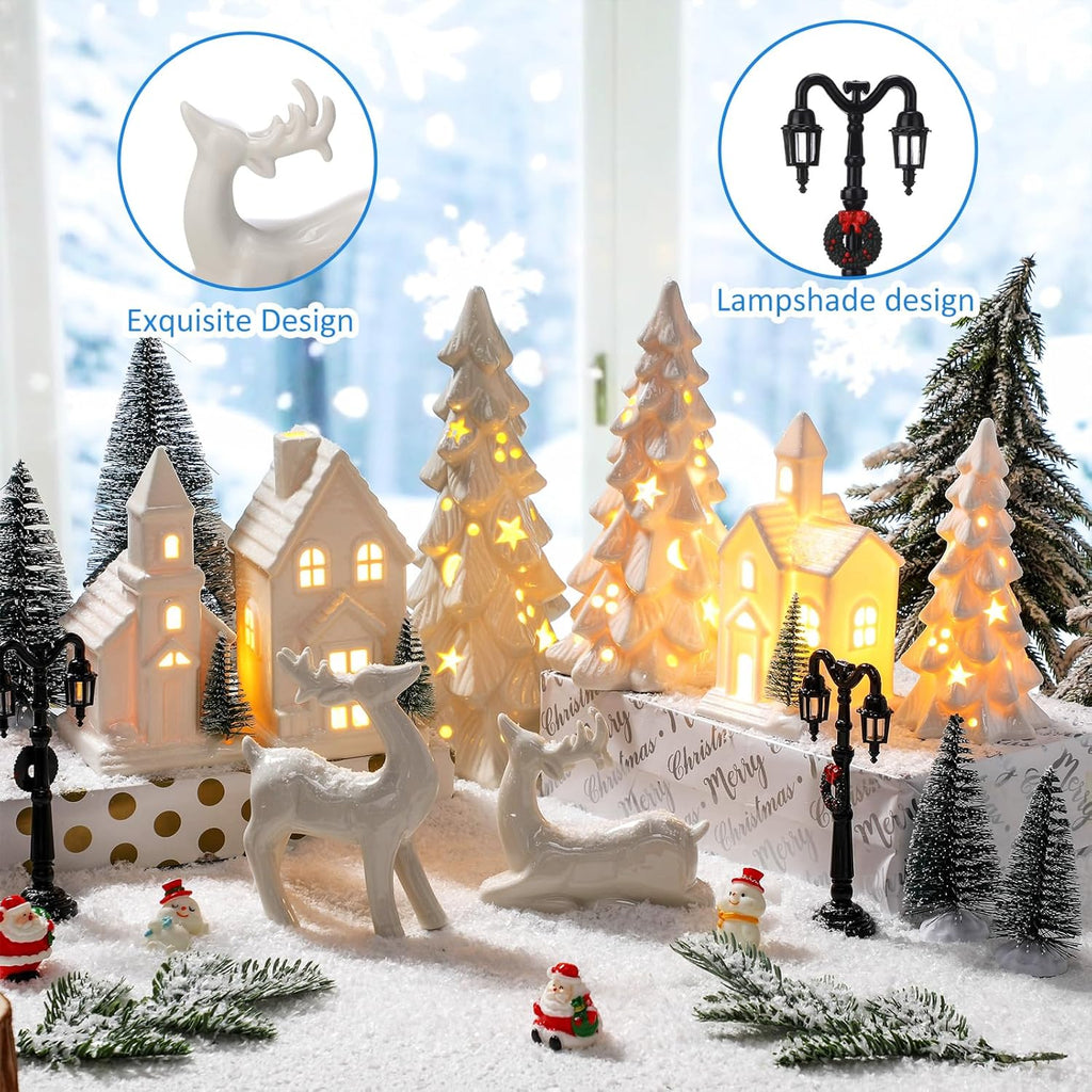 Nuogo 14-Piece Ceramic White LED Christmas Village Houses Set | Includes Tree & Reindeer Figurine