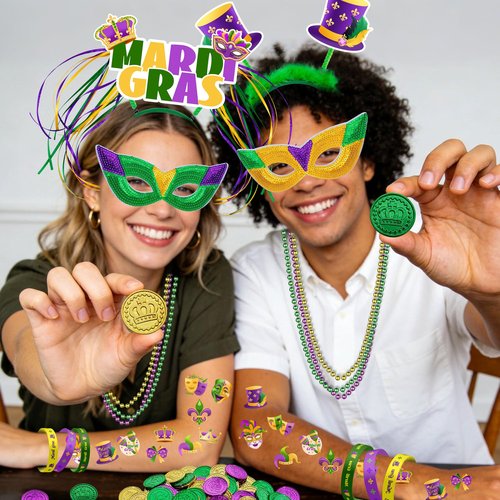 DMIGHT 124 Pcs Mardi Gras Accessories Set Bulk Party Favors Supplies with Headbands Masks Beads Necklaces Coins Tattoos for Mardi Gras Masquerade Parade Carnival Parade