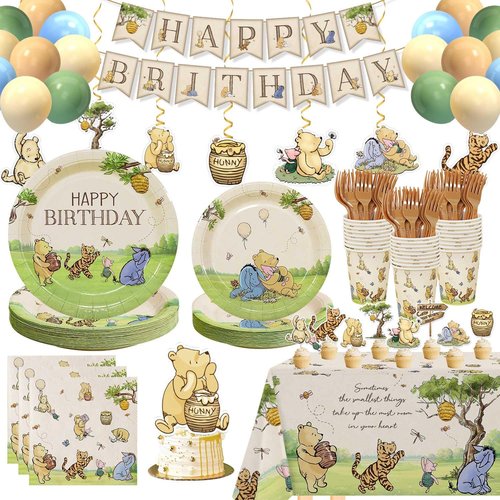 192pcs Winnie Birthday Decorations, Vintage Pooh Bear Plates Napkins Cups Forks Tablecloth Balloons Banner Hanging Swirls Cupcake Toppers for Boy Girl Party Supplies 25 Guests