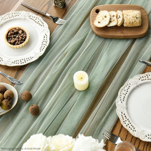 Artoid Mode Sage Green Gauze Table Runner - 120 Inch | Sheer Decor for Weddings & Parties