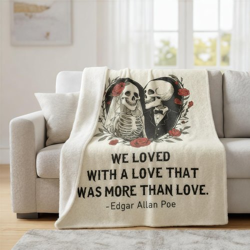 GSWSHJ “Edgar Allan Poe” Romantic Gothic Blanket for Couples - Skull Lovers Flannel Throw 60x50, Dark & Poetic Valentine‘s for Wife Husband, Unique Gift for Book Lovers