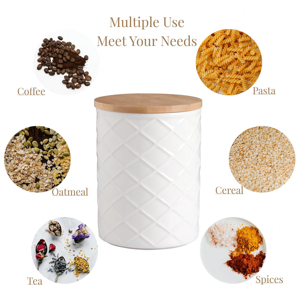 Sweejar Ceramic Canisters Sets for Kitchen Countertop, Relief Food Storage Jar with Bamboo Lid, Stackable Container for Flour, Coffee, Pasta, Cereal, Tea, Sugar, Spices, Pack of 4 (Walnut White)