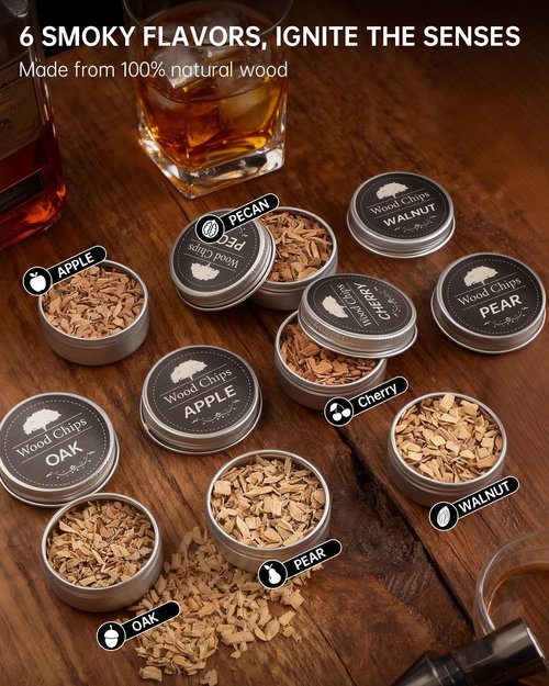 Electric Whiskey Smoker Kit, Rechargeable Bourbon Smoker Kit with 6 Flavors of Natural Wood Chips, Drink Smoker Infuser Kit Cocktail Idea Christmas Birthday Gifts for Men Husband Dad Him