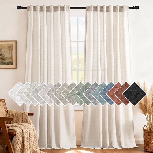 H.VERSAILTEX Natural Linen Curtains 96 inches Long for Living Room 2 Panels Back Tab Loop Pocket Textured Light Filtering Semi Sheer Rustic Farmhouse Boho Curtain for Bedroom, Heathered Natural