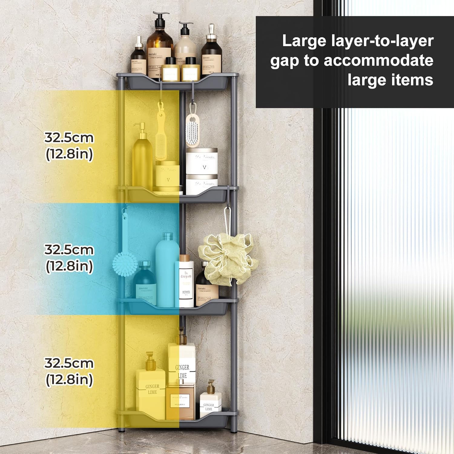 Orimade 4-Tier Rustproof Corner Shower Caddy Organizer - Durable Plastic & Metal, 10.8 x 10.8 x 44.6 Inches, Black