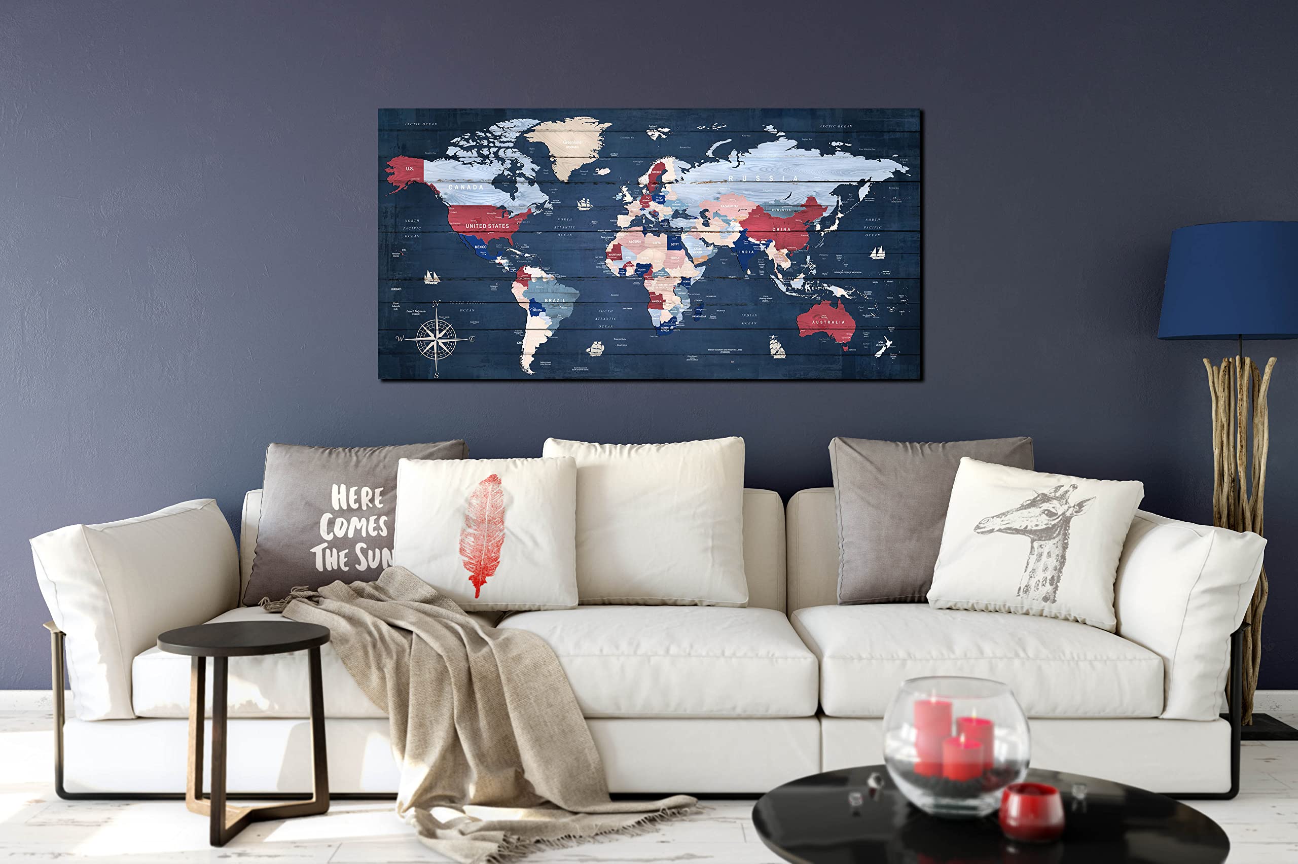ZHAOSHOP Blue World Map Wall-Art For Office - Large World Maps For Wall - Canvas Wall Art Stretched and Framed Ready to Hang Size 40" x 20"