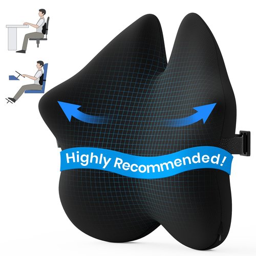 Benazcap Lumbar Pillow, Back Support for Office Chair, Car Seat, Sofa, Travel, Ergonomic Multi-Region Memory Foam & Adjustable Straps, Lower Back Pain Relief and Improved Posture Effectively, Black