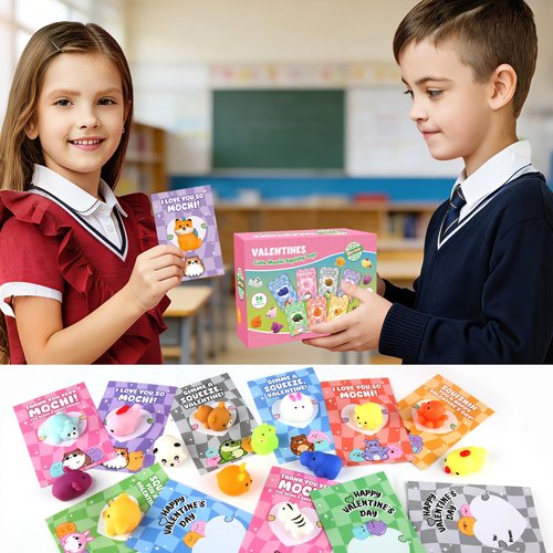 SURCVIO 28 Pack Valentines Day Gifts for Kids School, Animal Mochi Squishies with Greeting Cards, Classroom Exchange Party Favors, Stress Relief Fidget Toys, School Prize Supplies