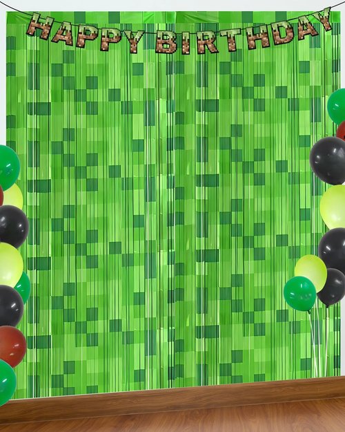 2 Pack Green Pixel Miner Foil Fringe Curtains - 3.3x6.6ft Video Game Birthday Photo Booth Backdrop, Metallic Door Streamers for Gamer Party Decorations & Room Wall Decor