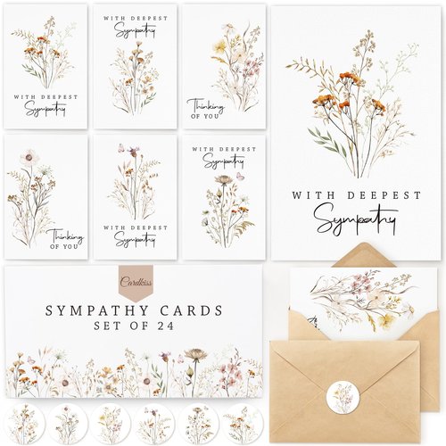 Cardkiss 24 Pcs Sympathy Cards with Envelopes, Bulk Condolence Cards with Thoughtful Messages with Envelopes and Stickers, 6 Unique Wildflowers Watercolor Designs
