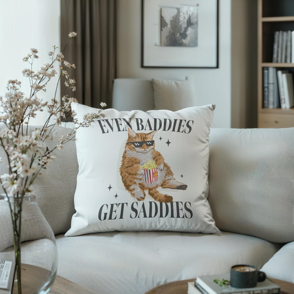 OFJE Mental Health Gifts Throw Pillow Covers case 18x18 for Therapy Therapist Office Decor，self Care Gifts，Anxiety Relief，Psychology Gifts，Depression self Help,Even Baddies Get Saddies Funny Cat Meme