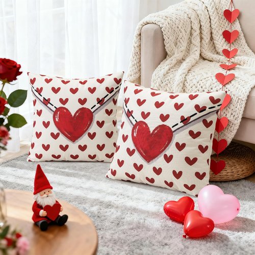 OTOSTAR Valentine's Day Throw Pillow Covers 18x18 Inch Set of 2, Red Hearts Envelope Anniversary Wedding Decorative Pillow Cases Winter Holiday Cushion Covers for Sofa Couch